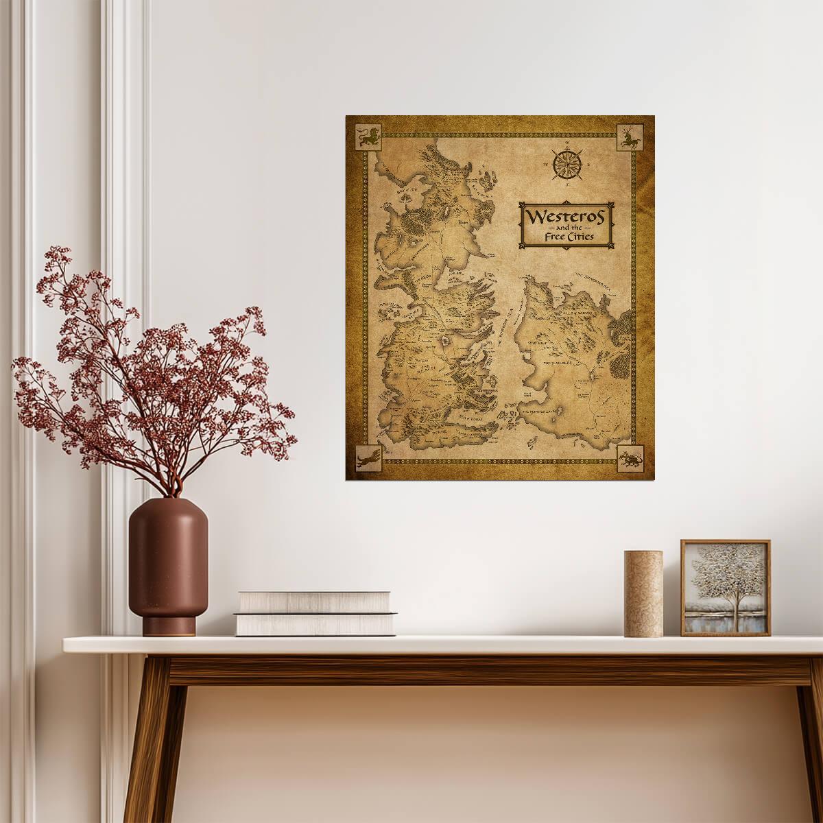 Map of Westeros from Game of Thrones | Vintage Fantasy Map | House Sigils Art Poster