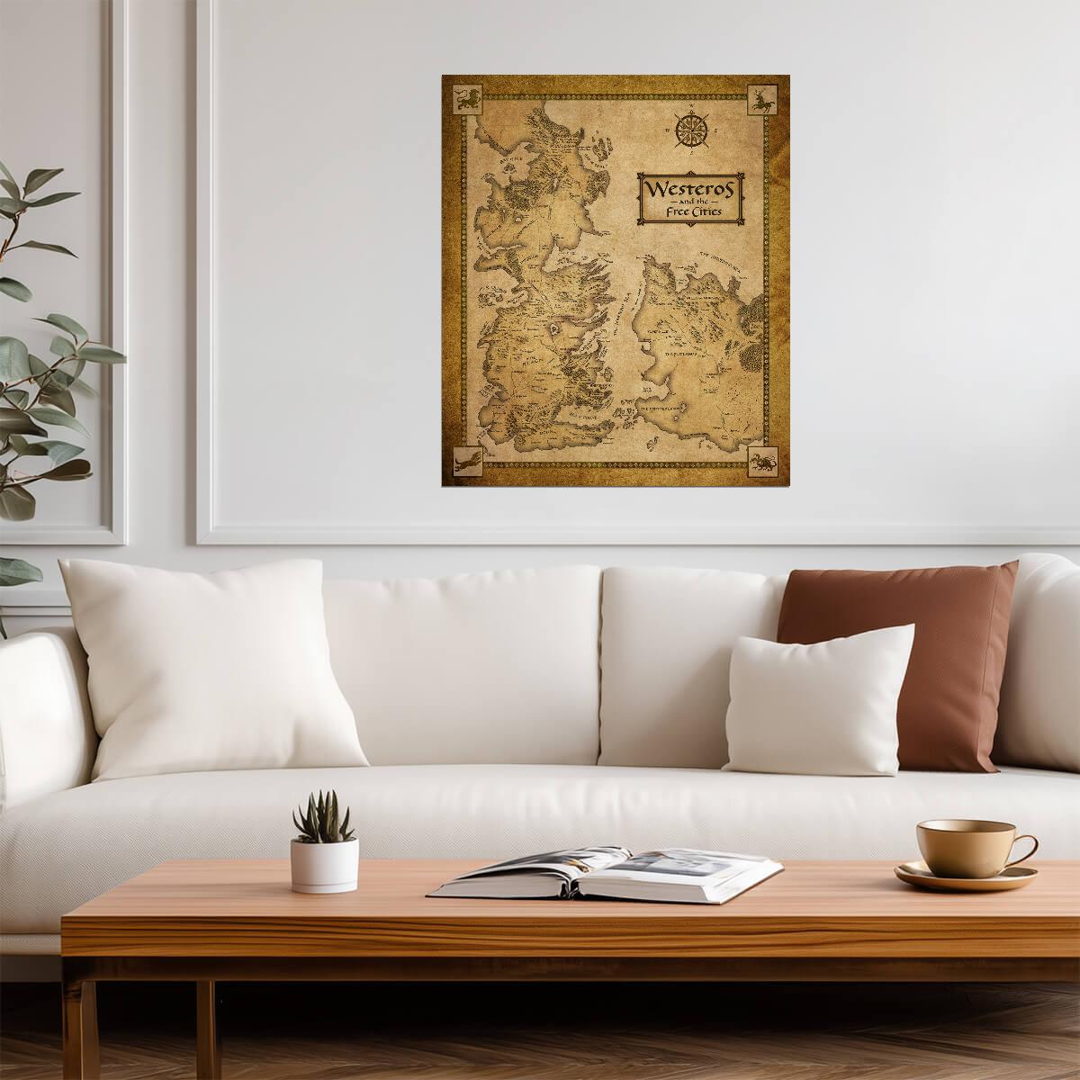 Map of Westeros from Game of Thrones | Vintage Fantasy Map | House Sigils Art Poster