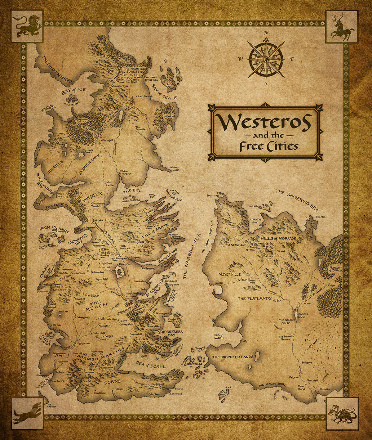 Map of Westeros from Game of Thrones | Vintage Fantasy Map | House Sigils Art Poster