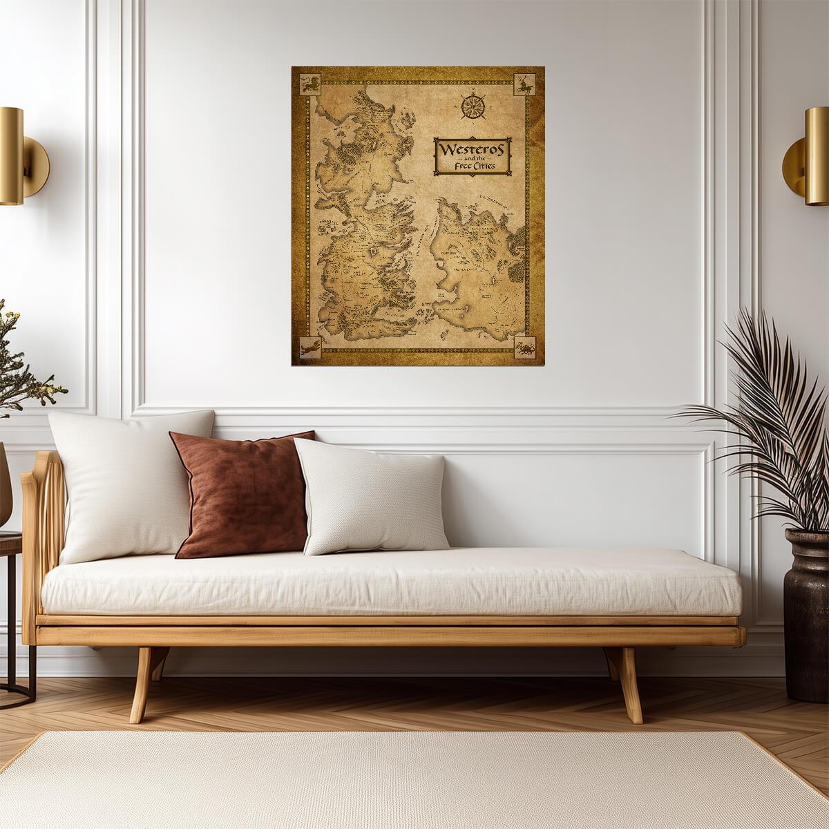Map of Westeros from Game of Thrones | Vintage Fantasy Map | House Sigils Art Poster