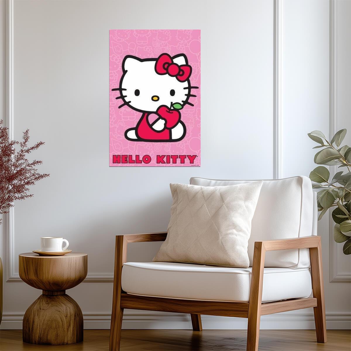 Hello Kitty with Apple | Anime Character Art | Cute Pink Poster for Nursery - For Kids Poster
