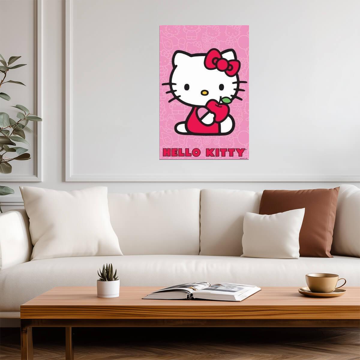 Hello Kitty with Apple | Anime Character Art | Cute Pink Poster for Nursery - For Kids Poster