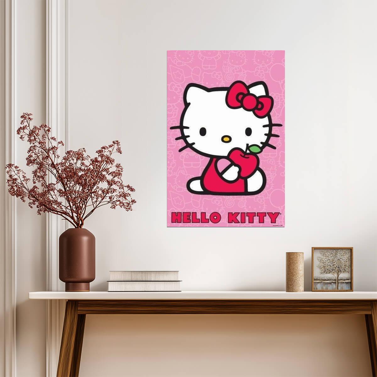 Hello Kitty with Apple | Anime Character Art | Cute Pink Poster for Nursery - For Kids Poster