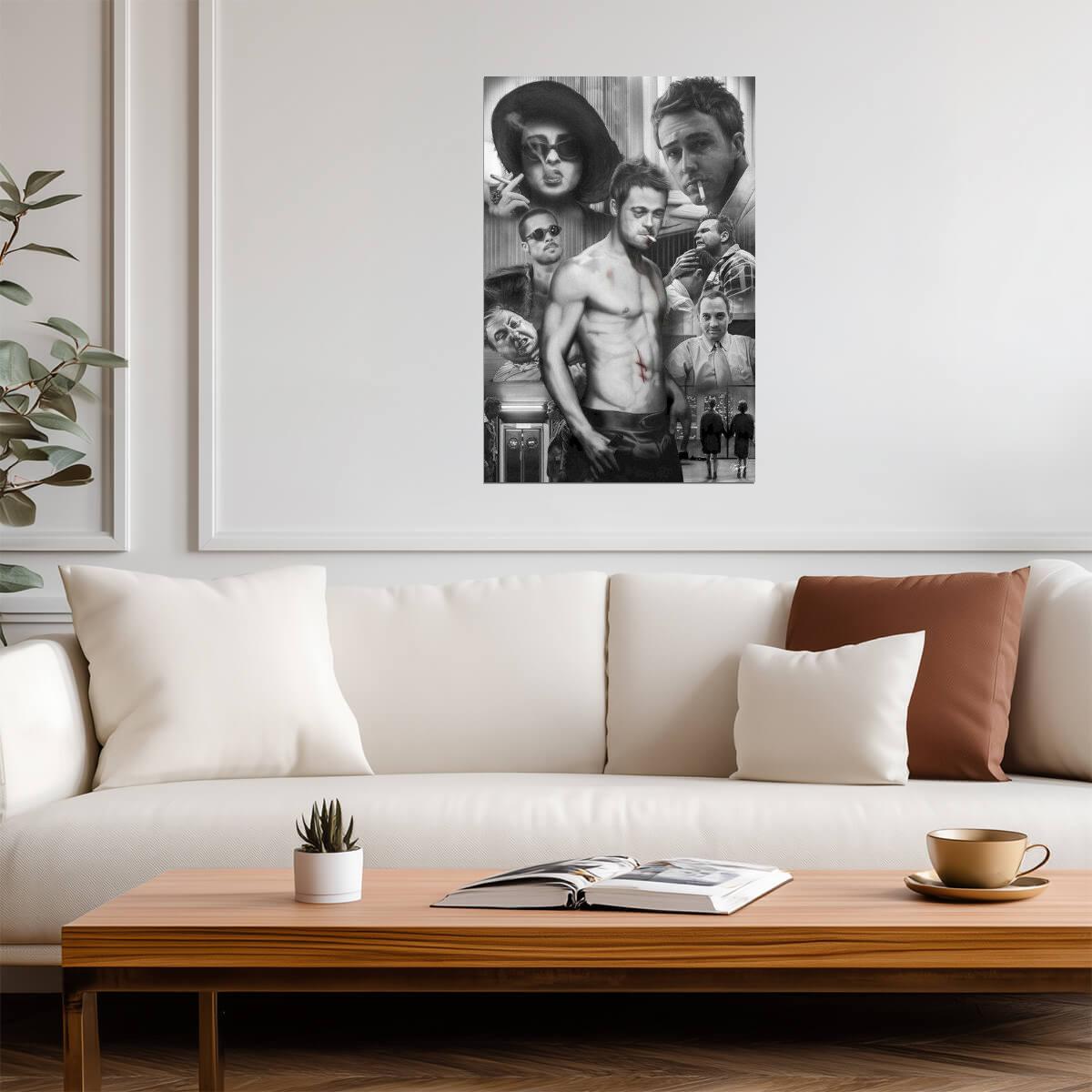 Fight Club | Brad Pitt & Edward Norton Art Collage | Black and White Movie Poster - Movies & TV Poster
