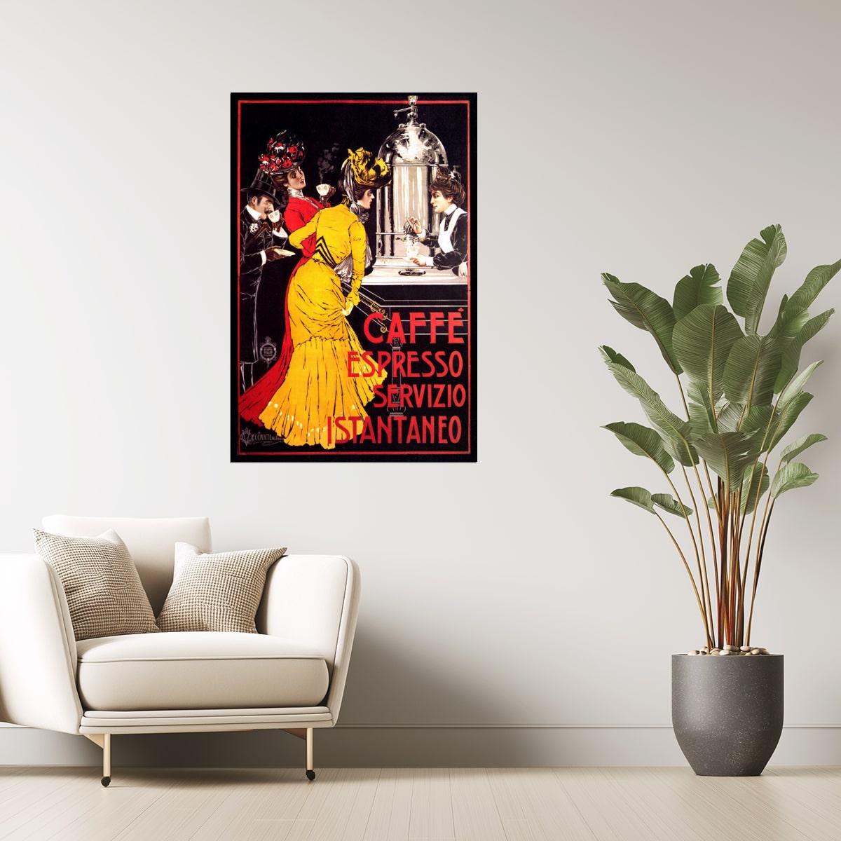 Caffè Espresso Poster | Italian Coffee Bar Scene with Red Dress