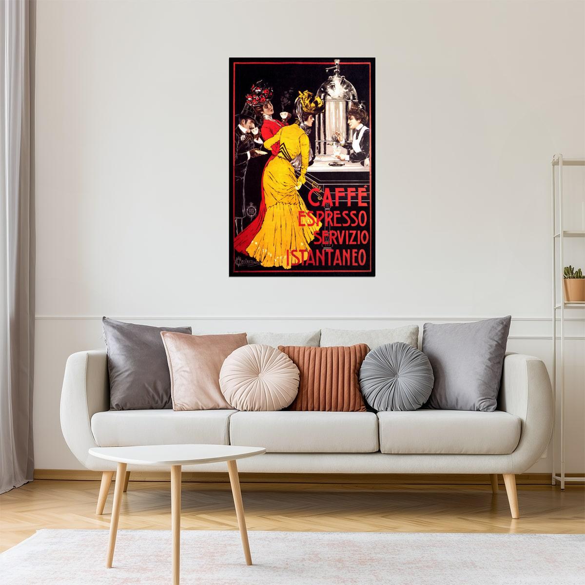Caffè Espresso Poster | Italian Coffee Bar Scene with Red Dress