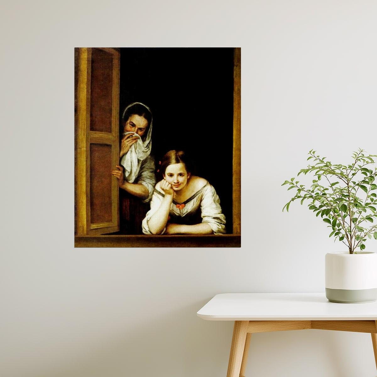 Two Women at a Window | Spanish Baroque Painting by Murillo Poster