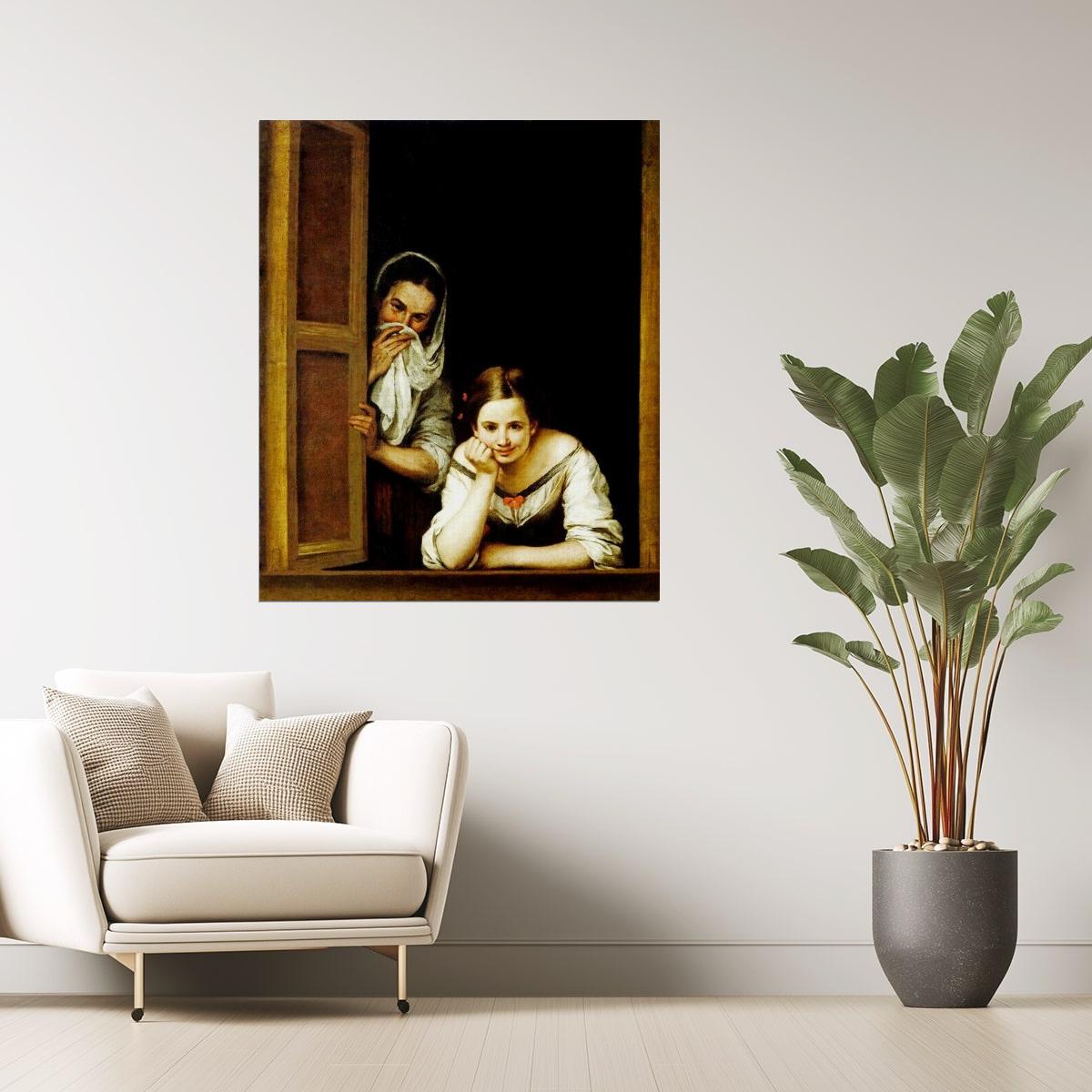 Two Women at a Window | Spanish Baroque Painting by Murillo Poster
