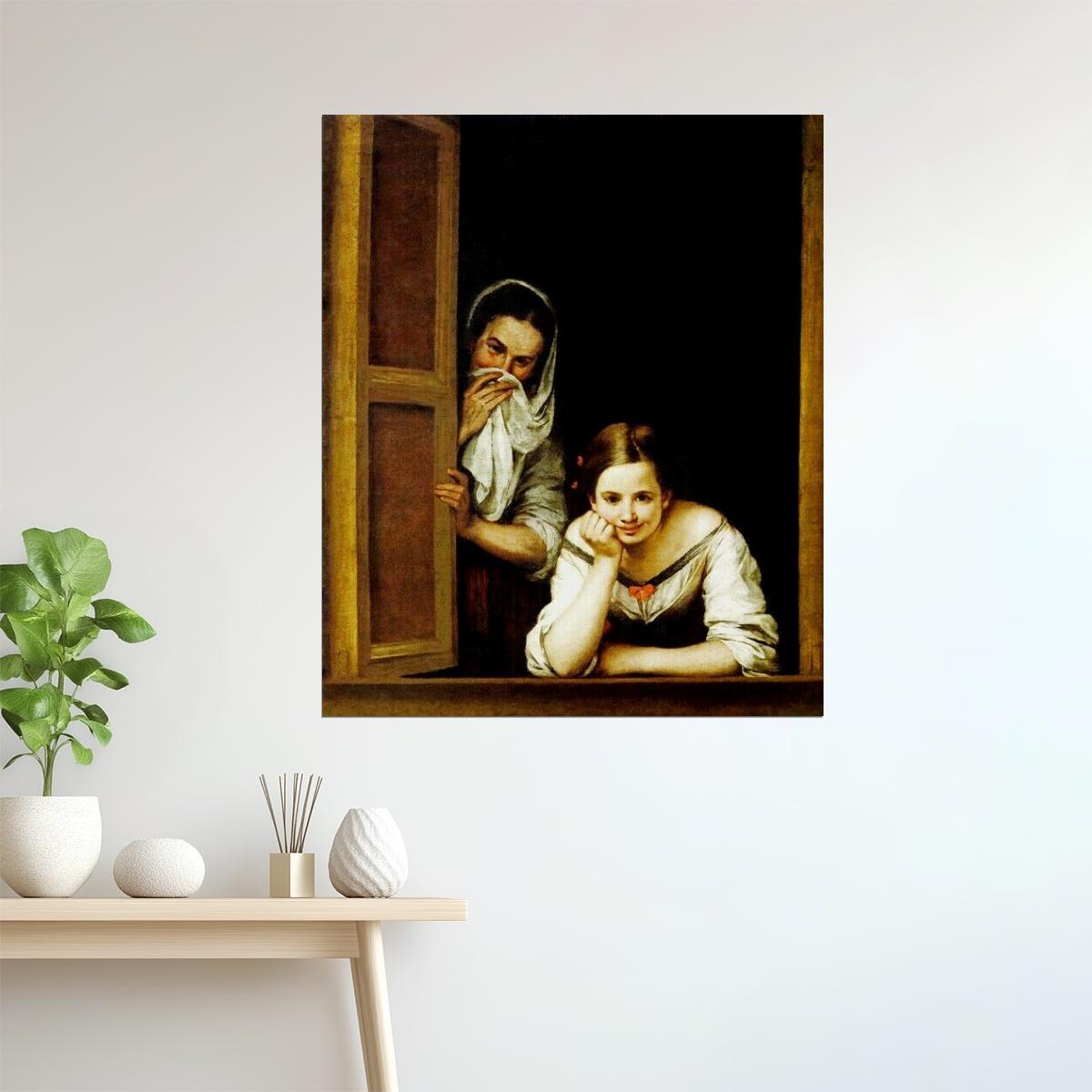 Two Women at a Window | Spanish Baroque Painting by Murillo Poster