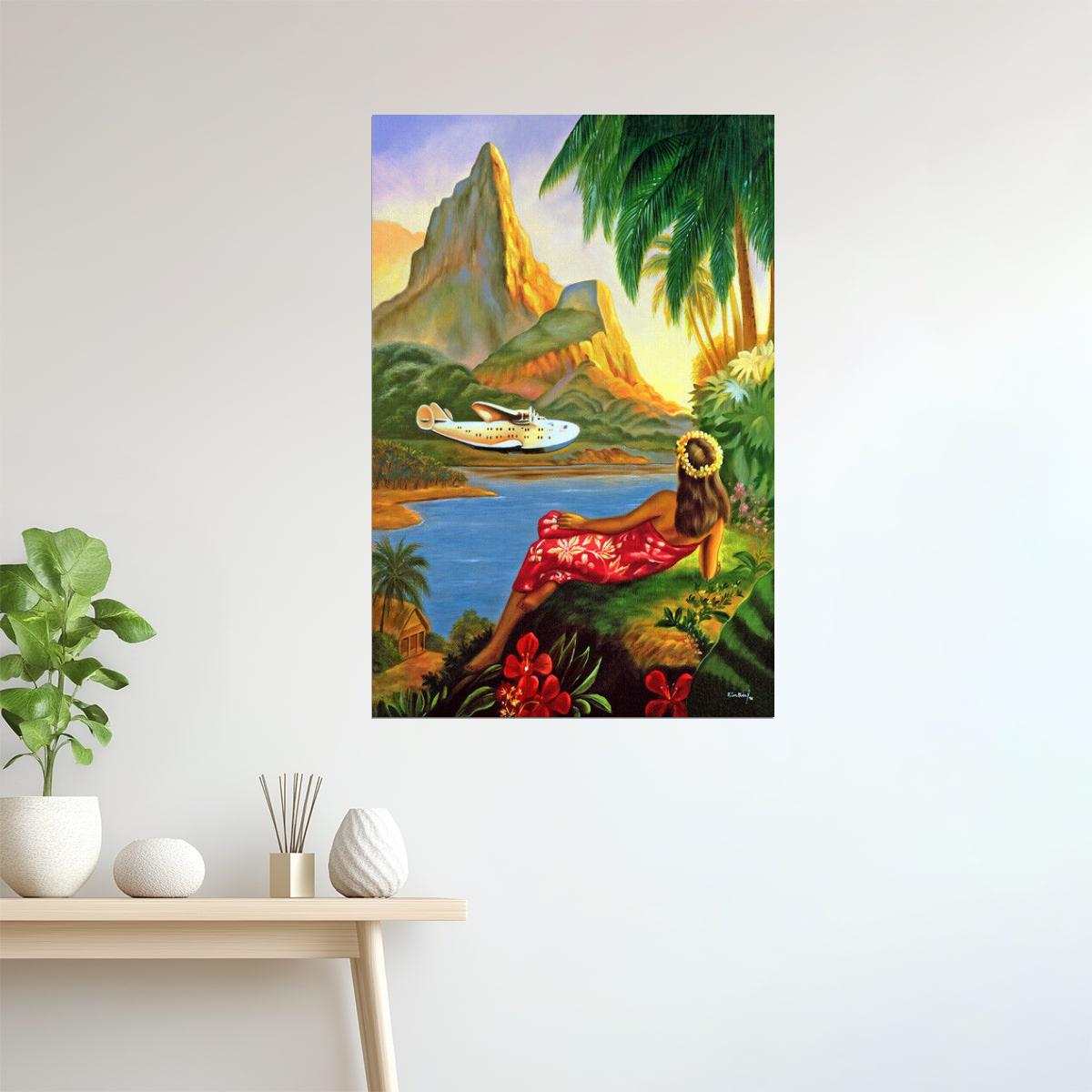 Hawaii Travel | Vintage Hula Dance and Beach Airplane Tourism Art Poster