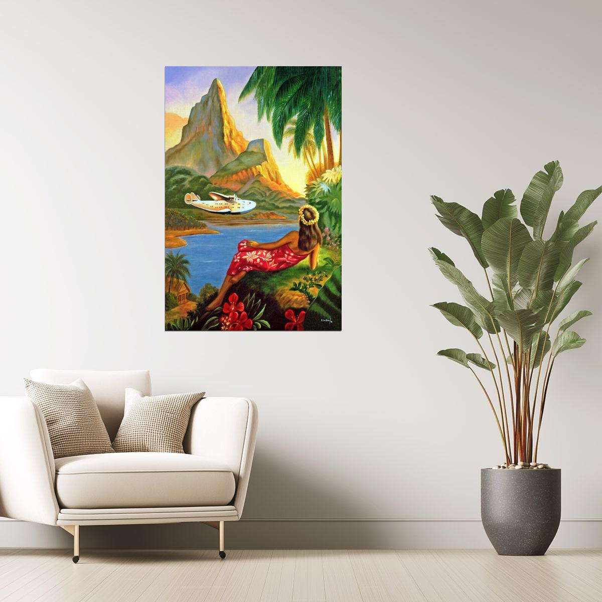 Hawaii Travel | Vintage Hula Dance and Beach Airplane Tourism Art Poster