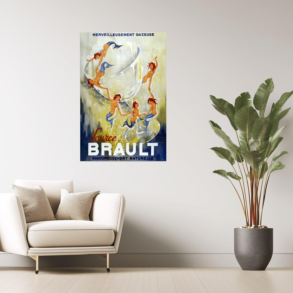 Source Brault | Vintage French Sparkling Water Mermaid Advertisement Poster