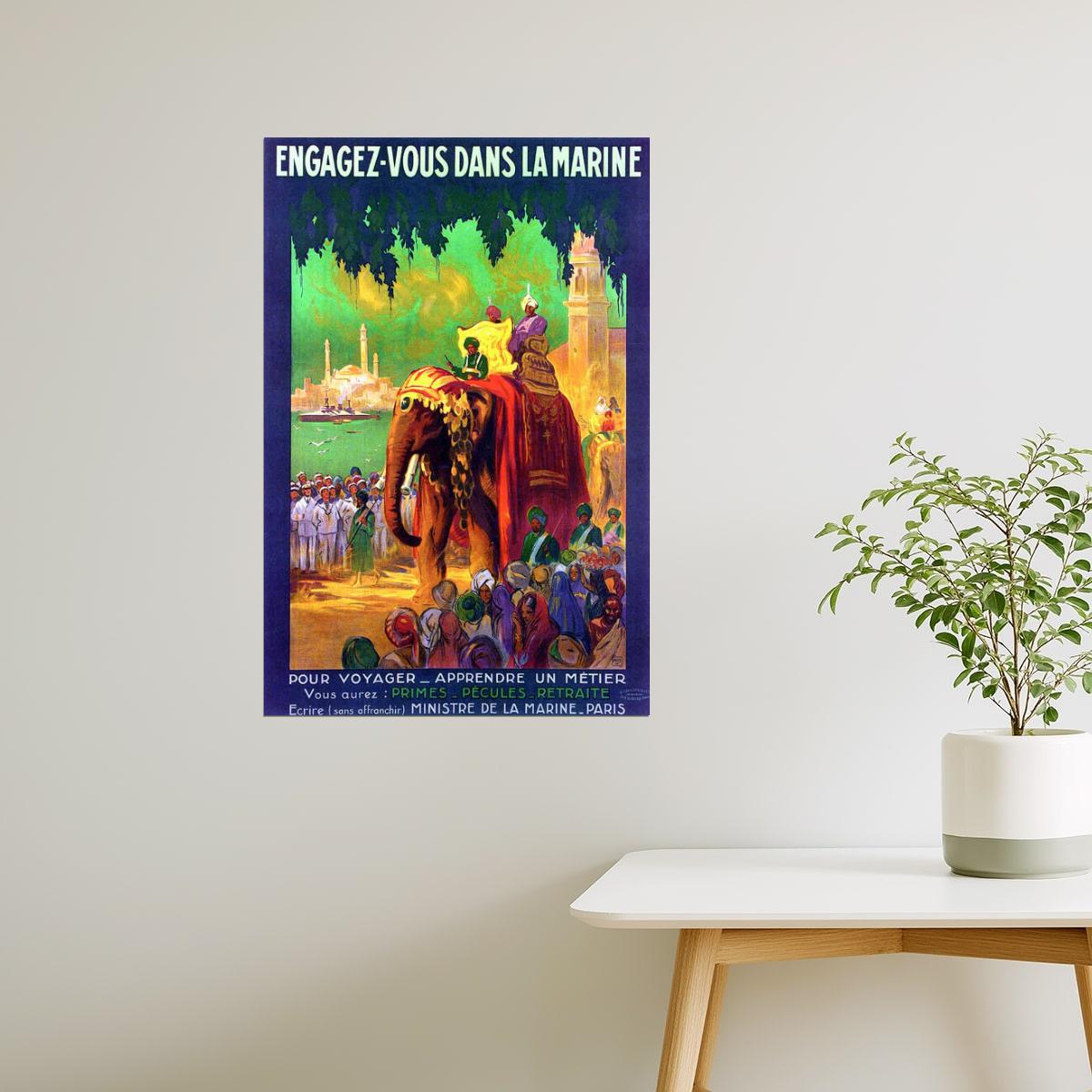 Join the Navy | Vintage French Travel Poster with Elephant in India