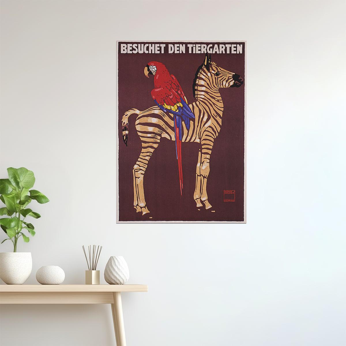Zoo Visit | Vintage German Poster with Parrot and Zebra Illustration