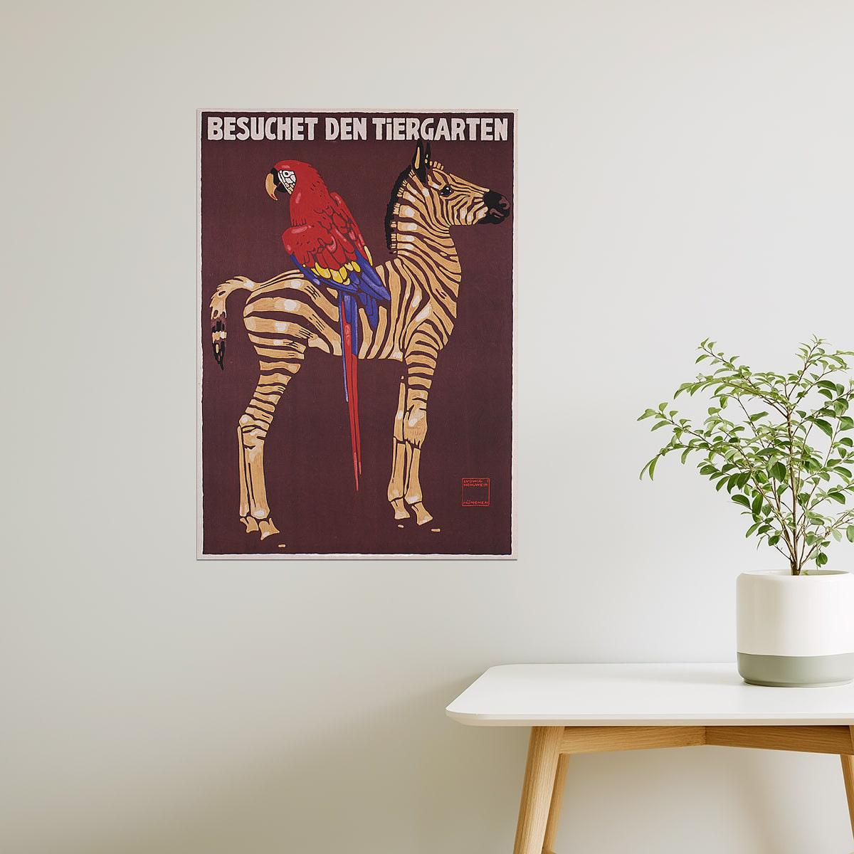 Zoo Visit | Vintage German Poster with Parrot and Zebra Illustration