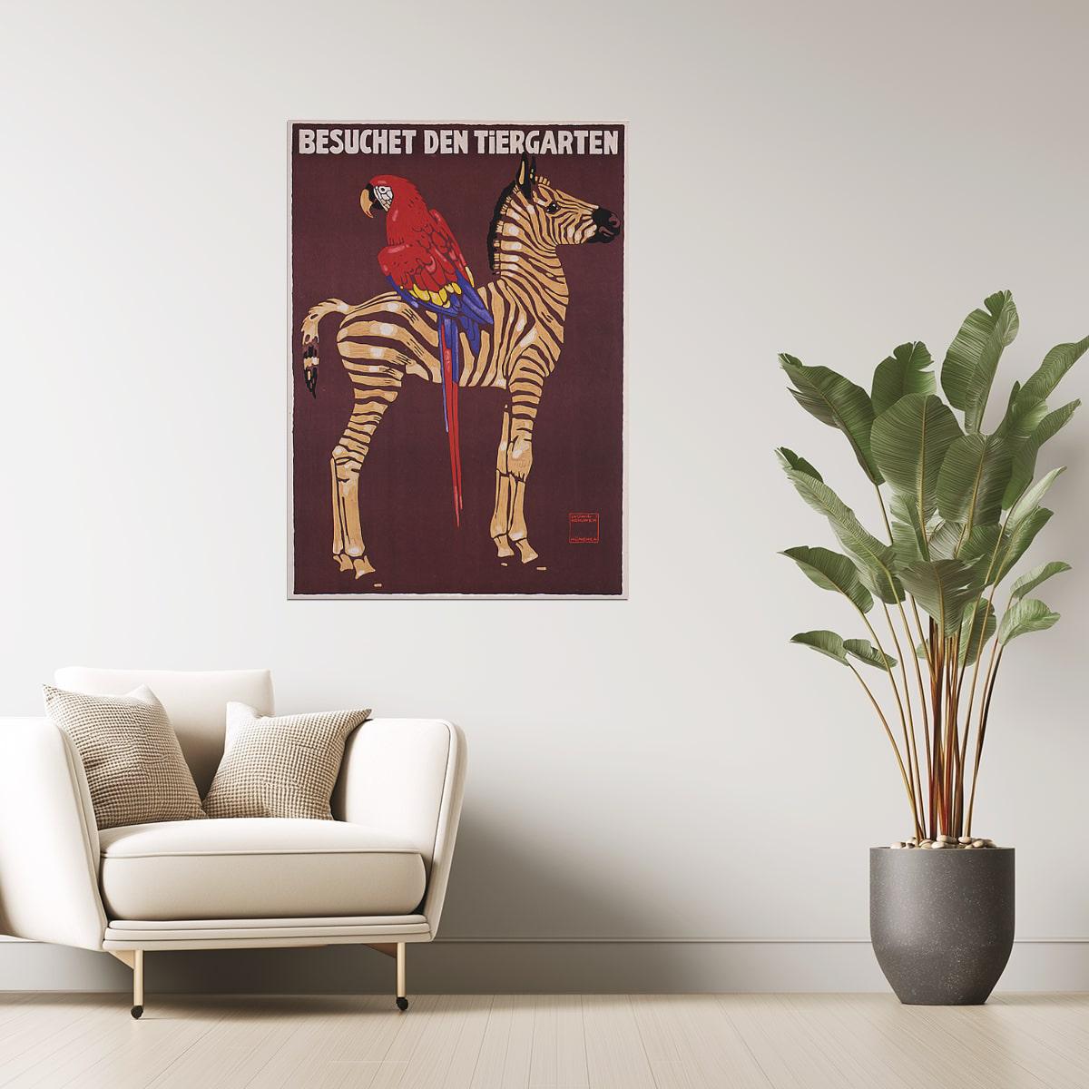 Zoo Visit | Vintage German Poster with Parrot and Zebra Illustration