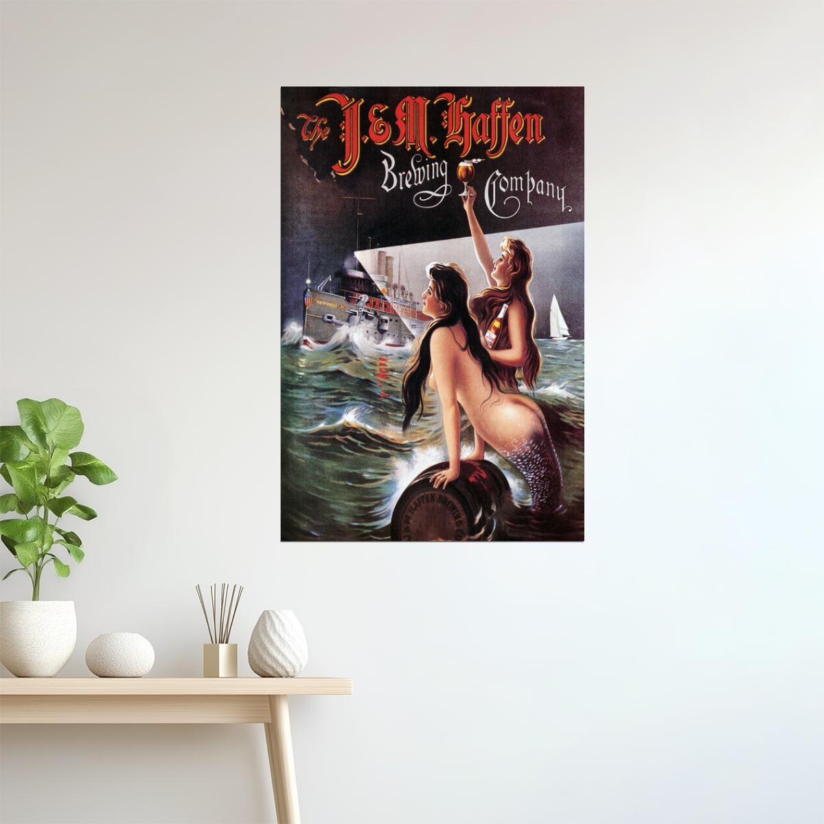 J&M Haffen Beer | Vintage Bronx Brewery Poster with Mermaids Poster