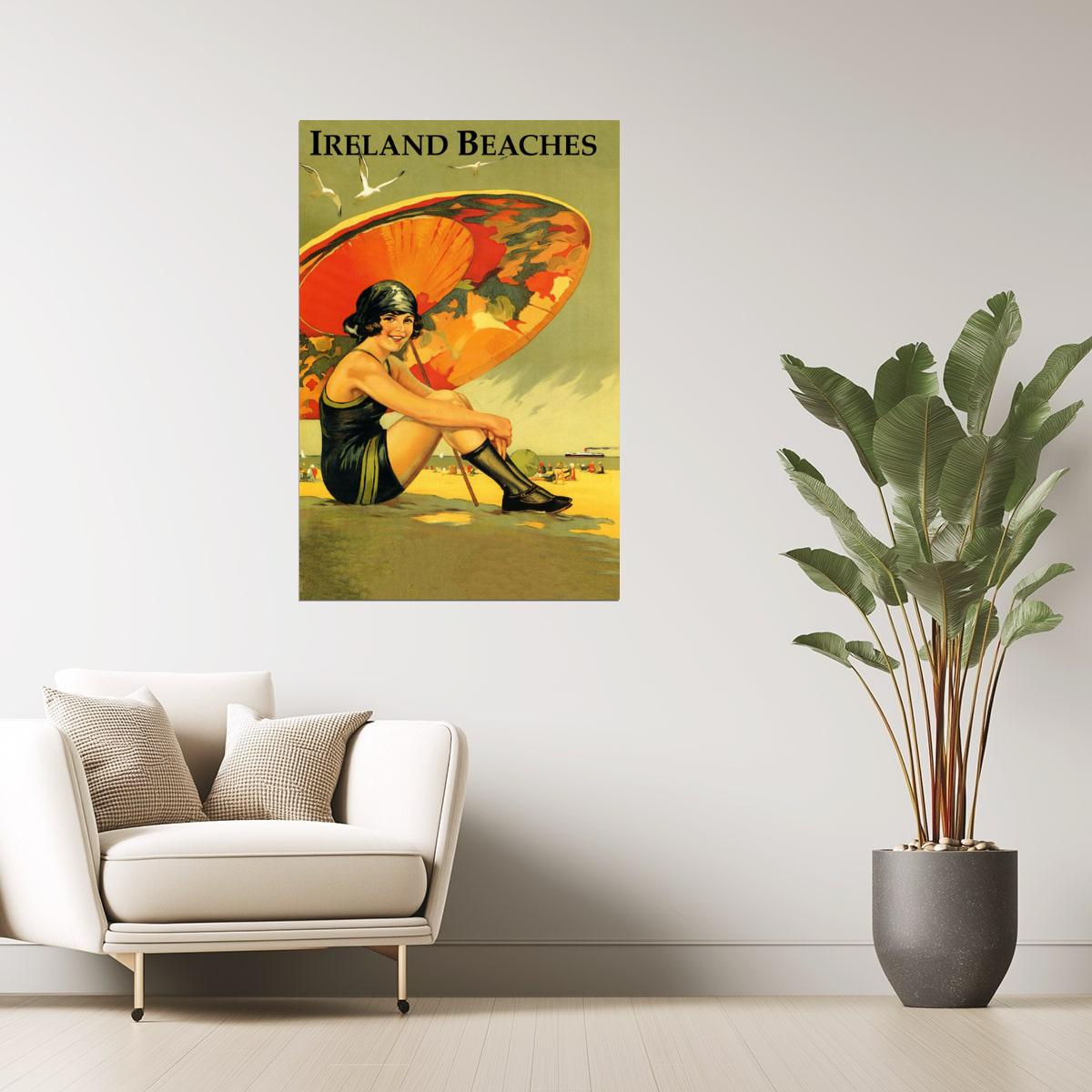 Ireland Beaches | Vintage Irish Travel Poster with Girl and Umbrella