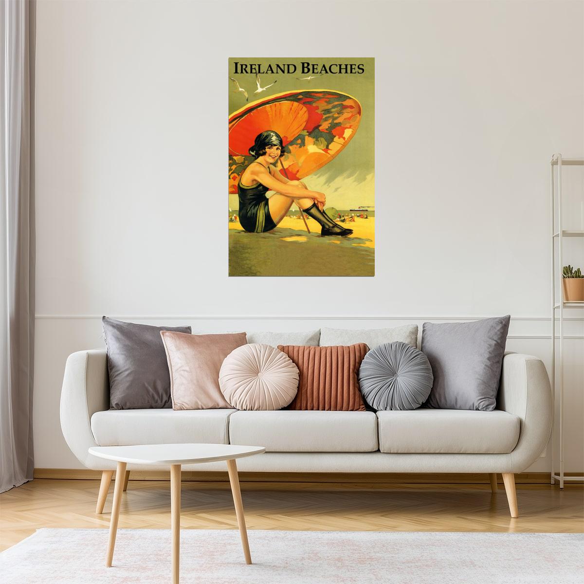 Ireland Beaches | Vintage Irish Travel Poster with Girl and Umbrella