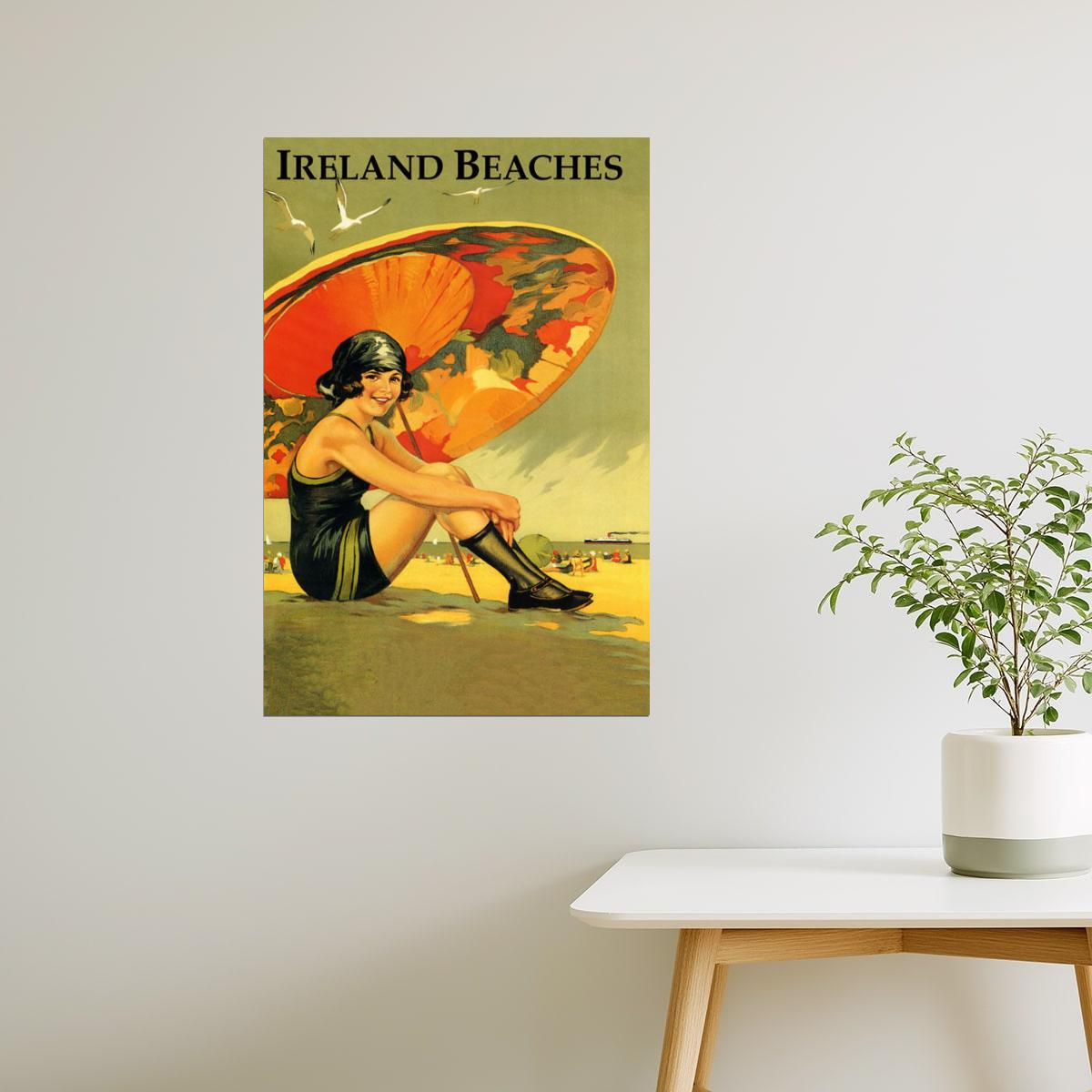 Ireland Beaches | Vintage Irish Travel Poster with Girl and Umbrella