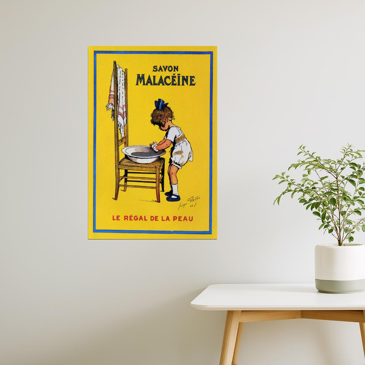 Savon Malacéine | Vintage French Soap Ad with Girl Washing Hands Poster