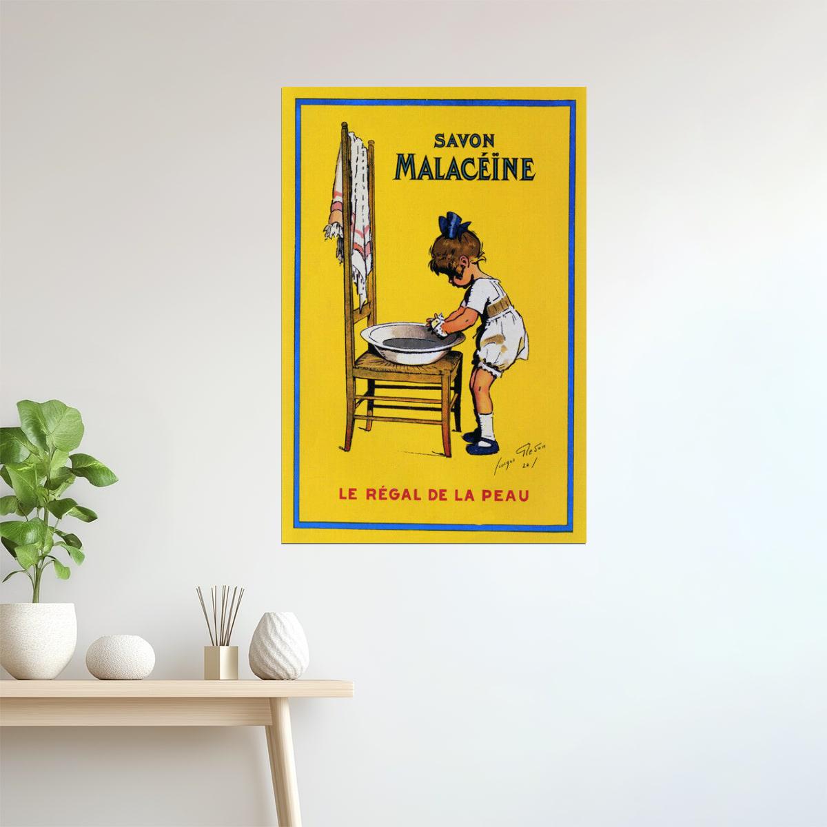 Savon Malacéine | Vintage French Soap Ad with Girl Washing Hands Poster