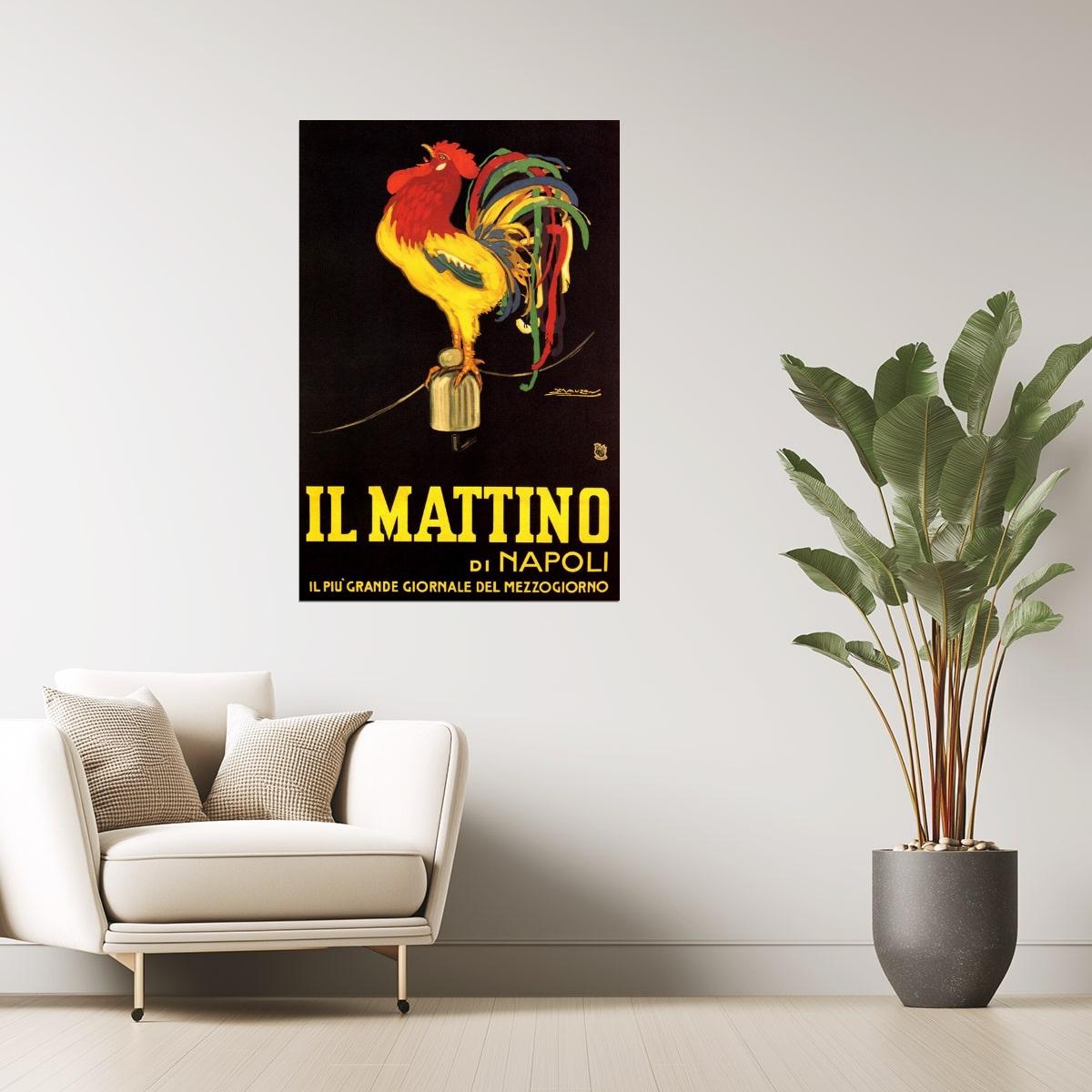 Il Mattino di Napoli | Vintage Italian Newspaper Rooster Advertisement Poster