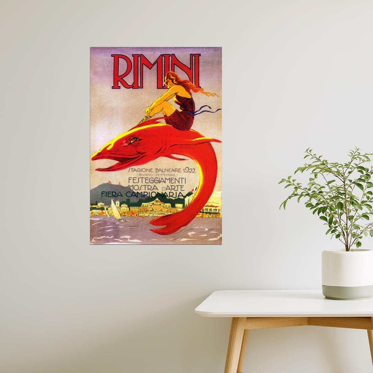 Rimini 1922 | Vintage Italian Beach Poster with Woman Riding Fish Poster