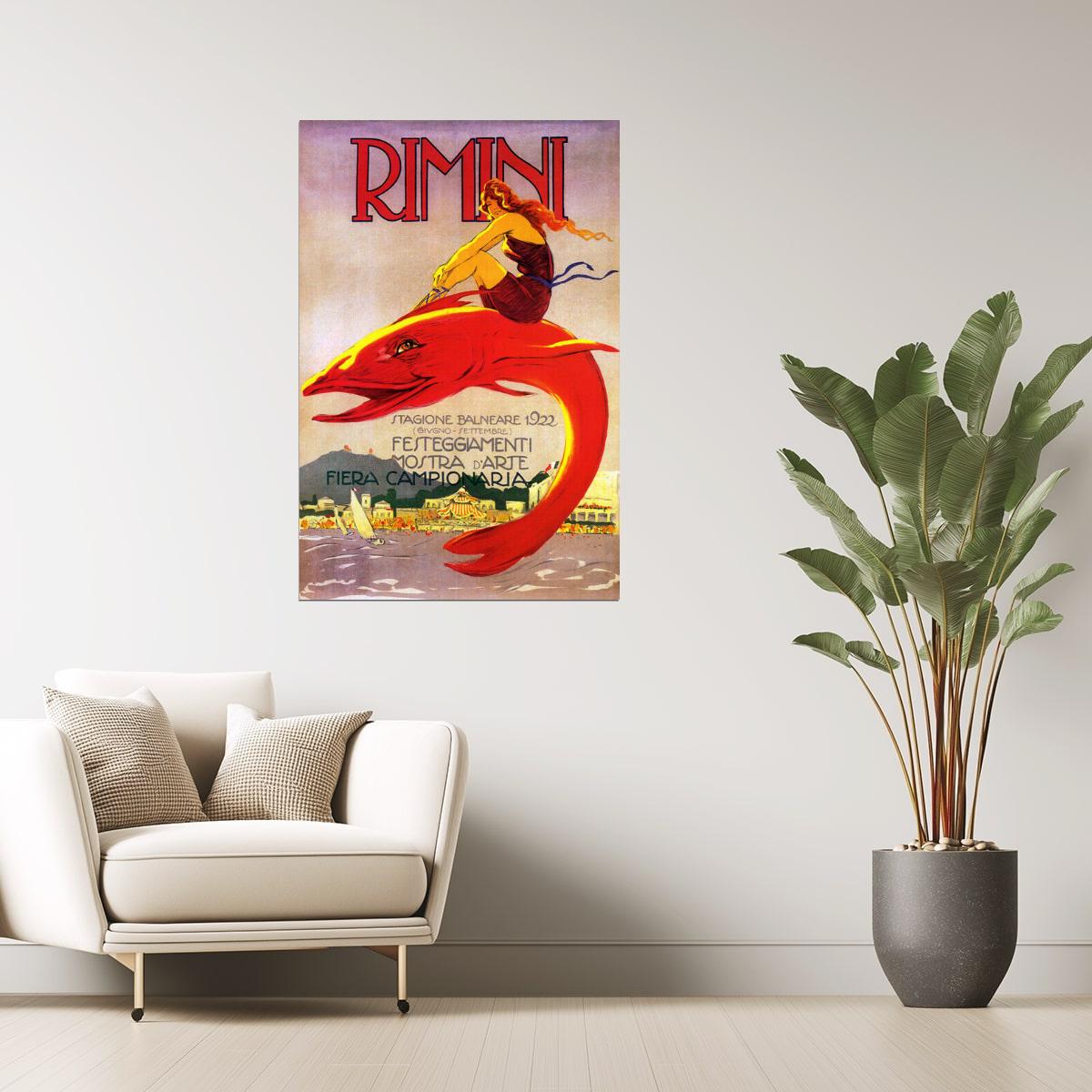 Rimini 1922 | Vintage Italian Beach Poster with Woman Riding Fish Poster