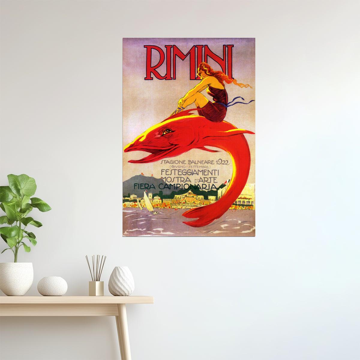 Rimini 1922 | Vintage Italian Beach Poster with Woman Riding Fish Poster