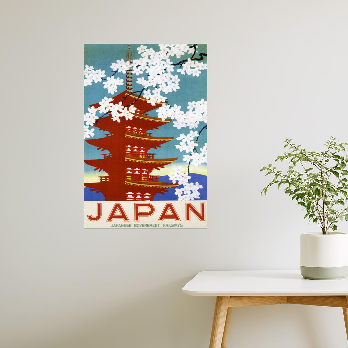 Japan Travel | Vintage Poster with Cherry Blossoms and Pagoda