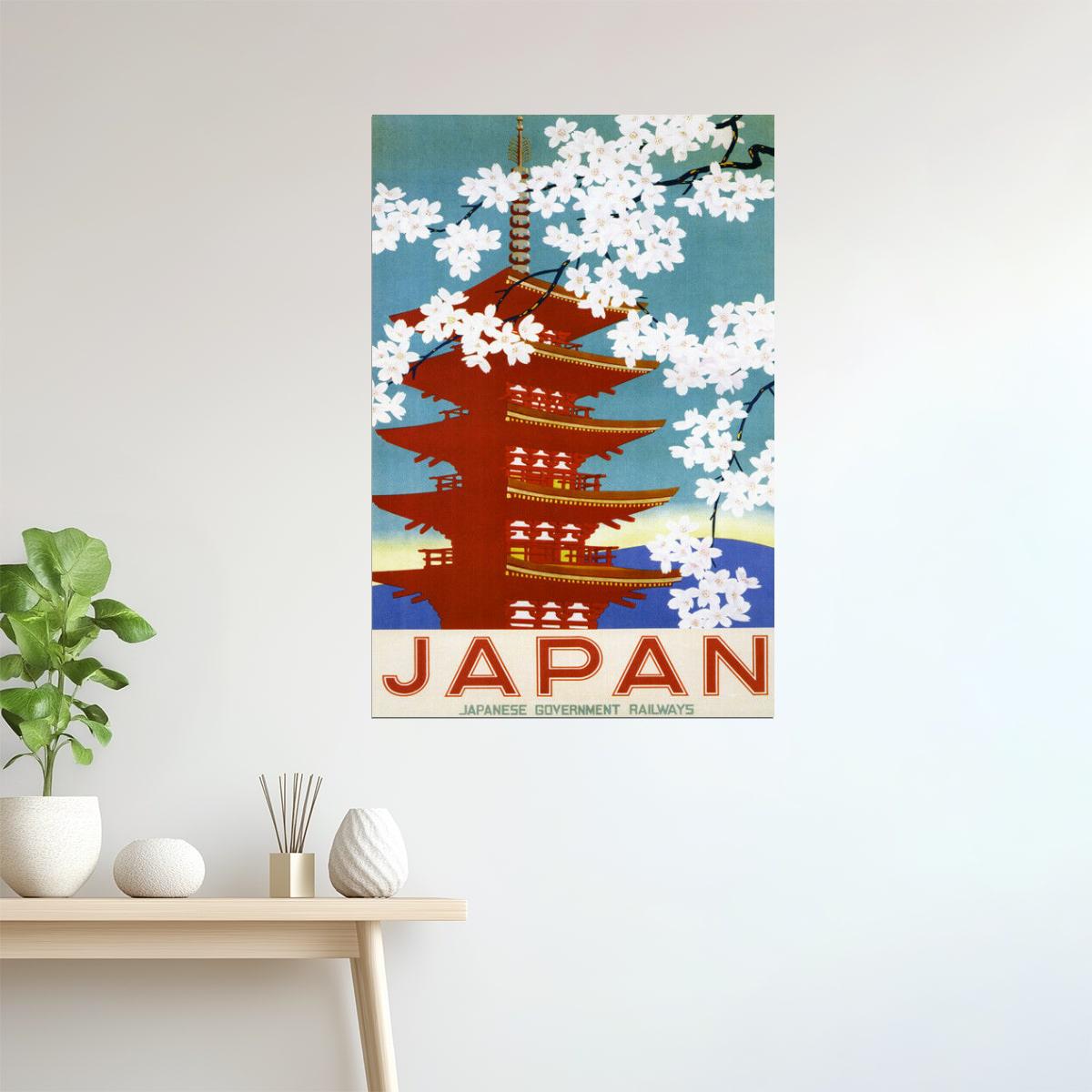 Japan Travel | Vintage Poster with Cherry Blossoms and Pagoda