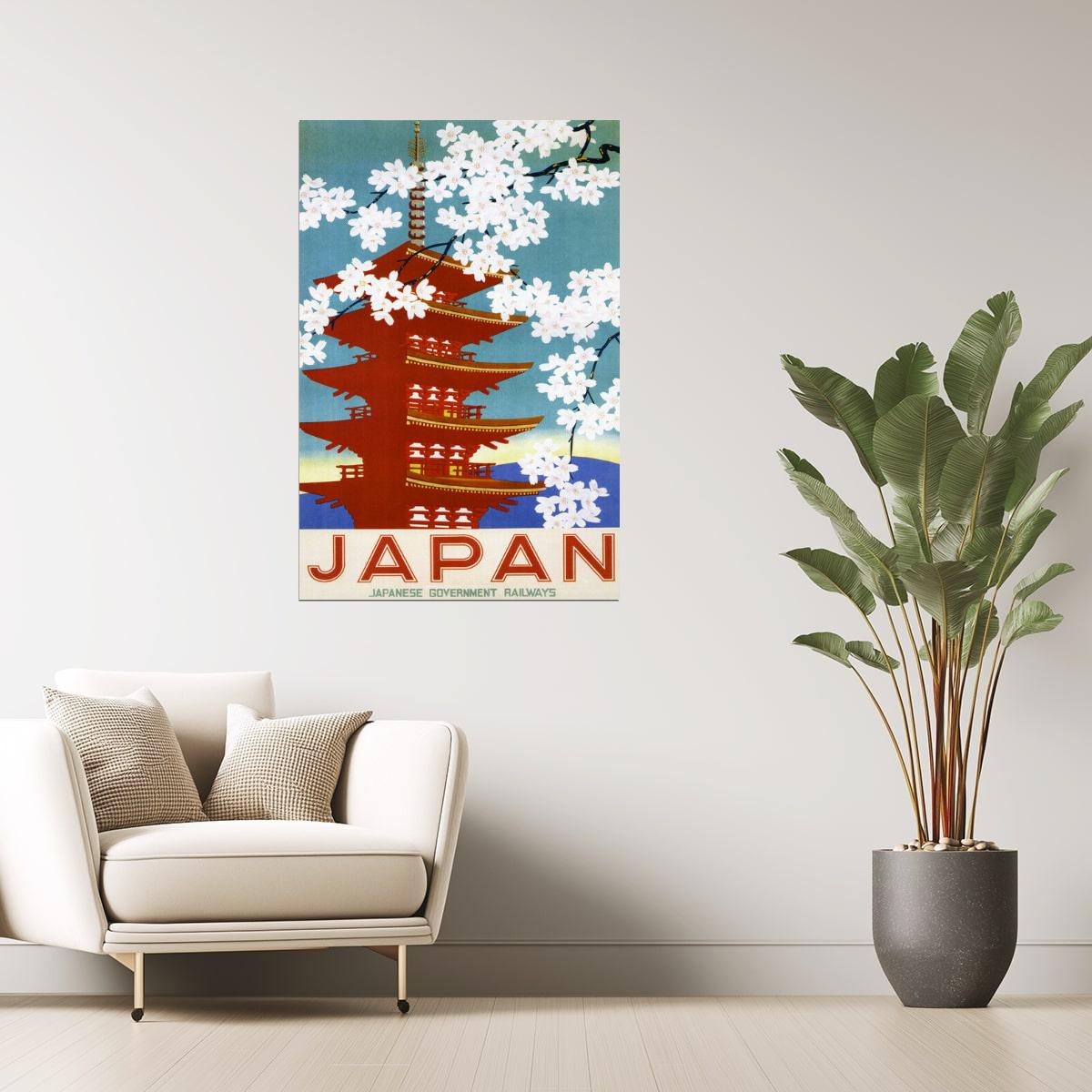 Japan Travel | Vintage Poster with Cherry Blossoms and Pagoda