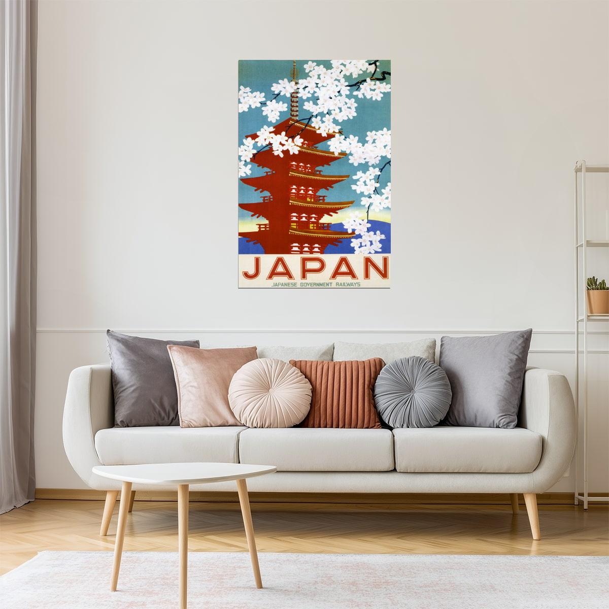 Japan Travel | Vintage Poster with Cherry Blossoms and Pagoda
