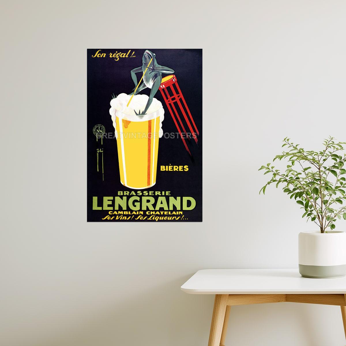 Brasserie Lengrand | Vintage French Beer Poster with Frog and Glass Poster