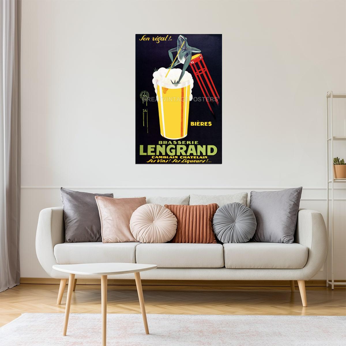 Brasserie Lengrand | Vintage French Beer Poster with Frog and Glass Poster