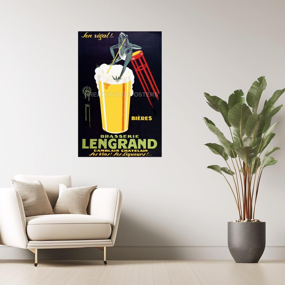 Brasserie Lengrand | Vintage French Beer Poster with Frog and Glass Poster