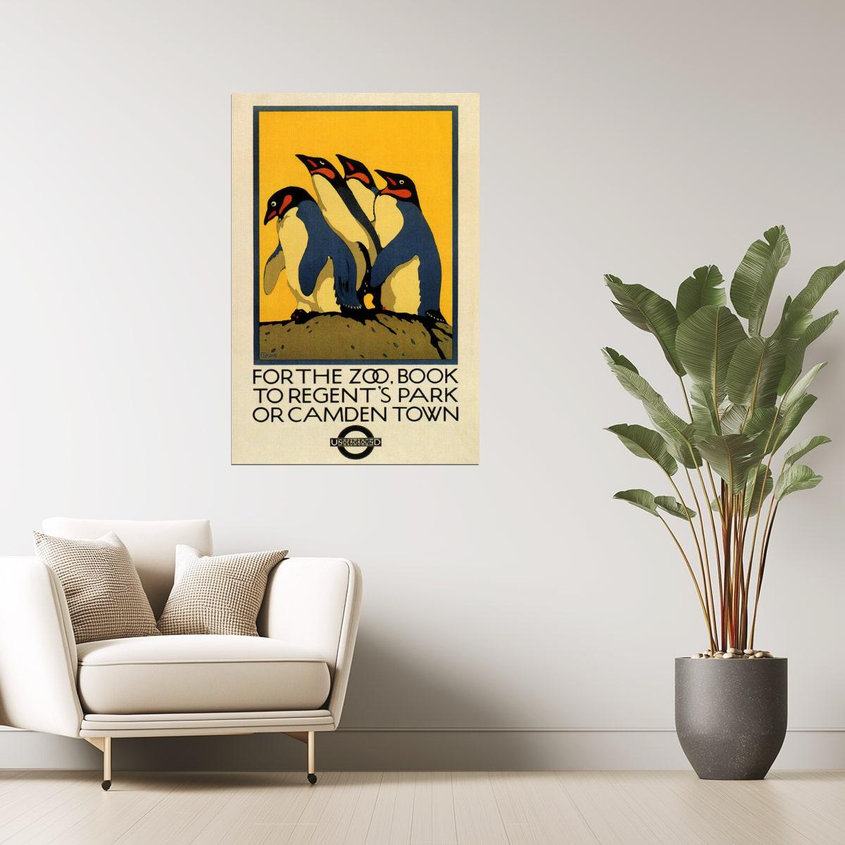 London Zoo Penguins | Vintage Family Travel Poster with Children and Birds