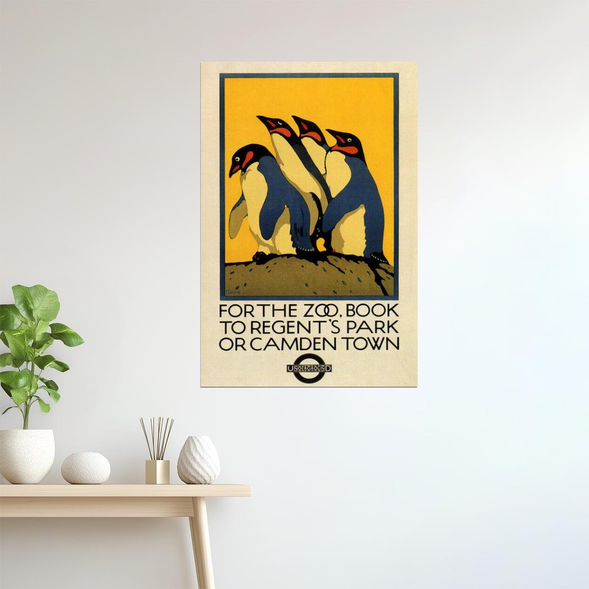 London Zoo Penguins | Vintage Family Travel Poster with Children and Birds
