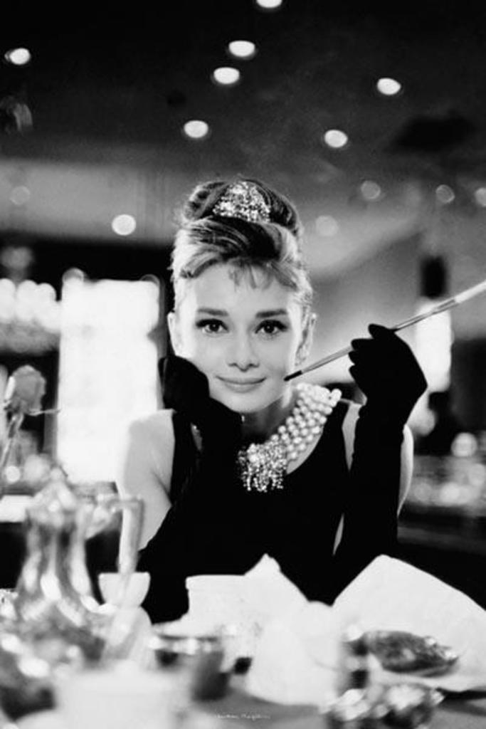Audrey Hepburn at Breakfast at Tiffany's | Classic Vintage Fashion Poster | Black and White Photography