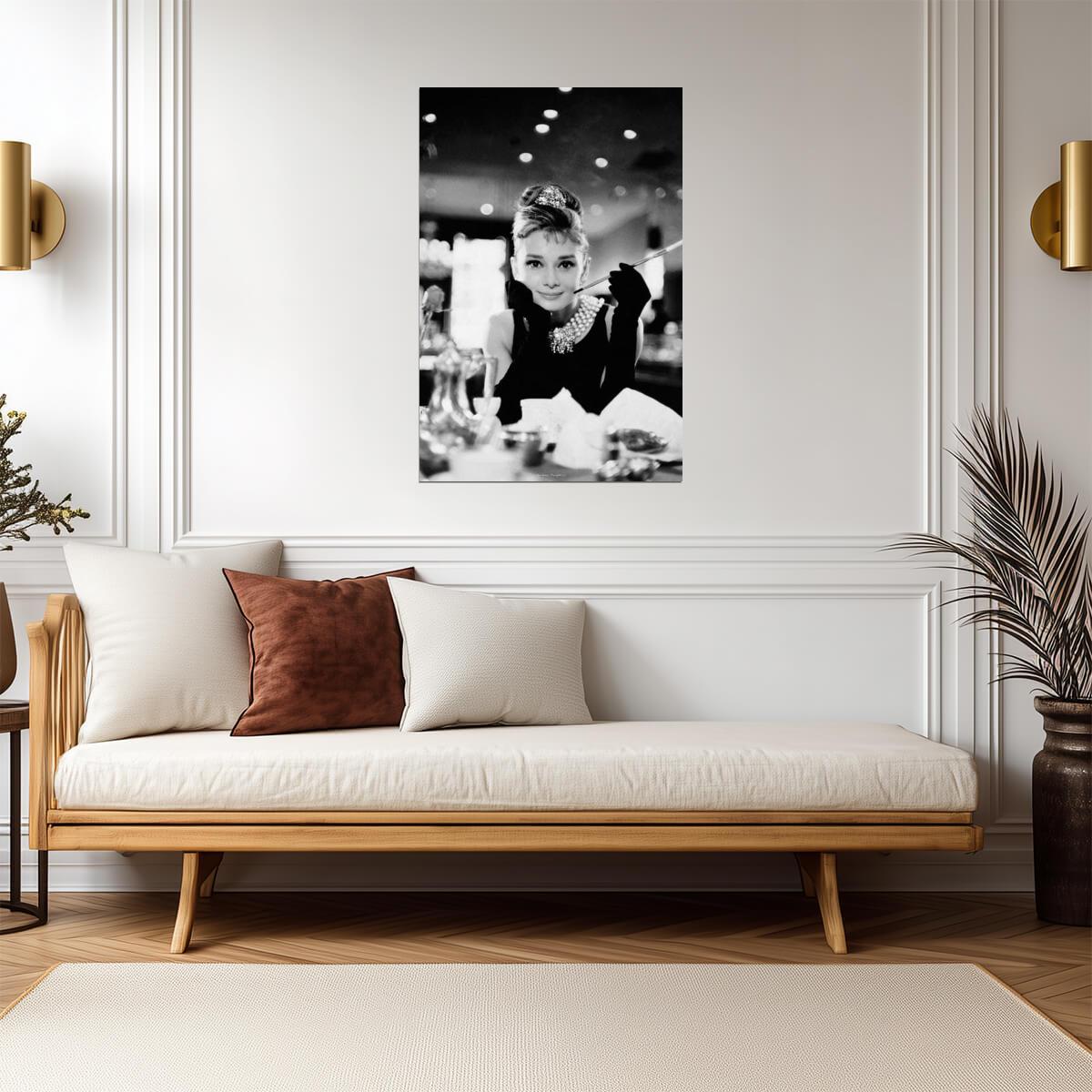 Audrey Hepburn at Breakfast at Tiffany's | Classic Vintage Fashion Poster | Black and White Photography