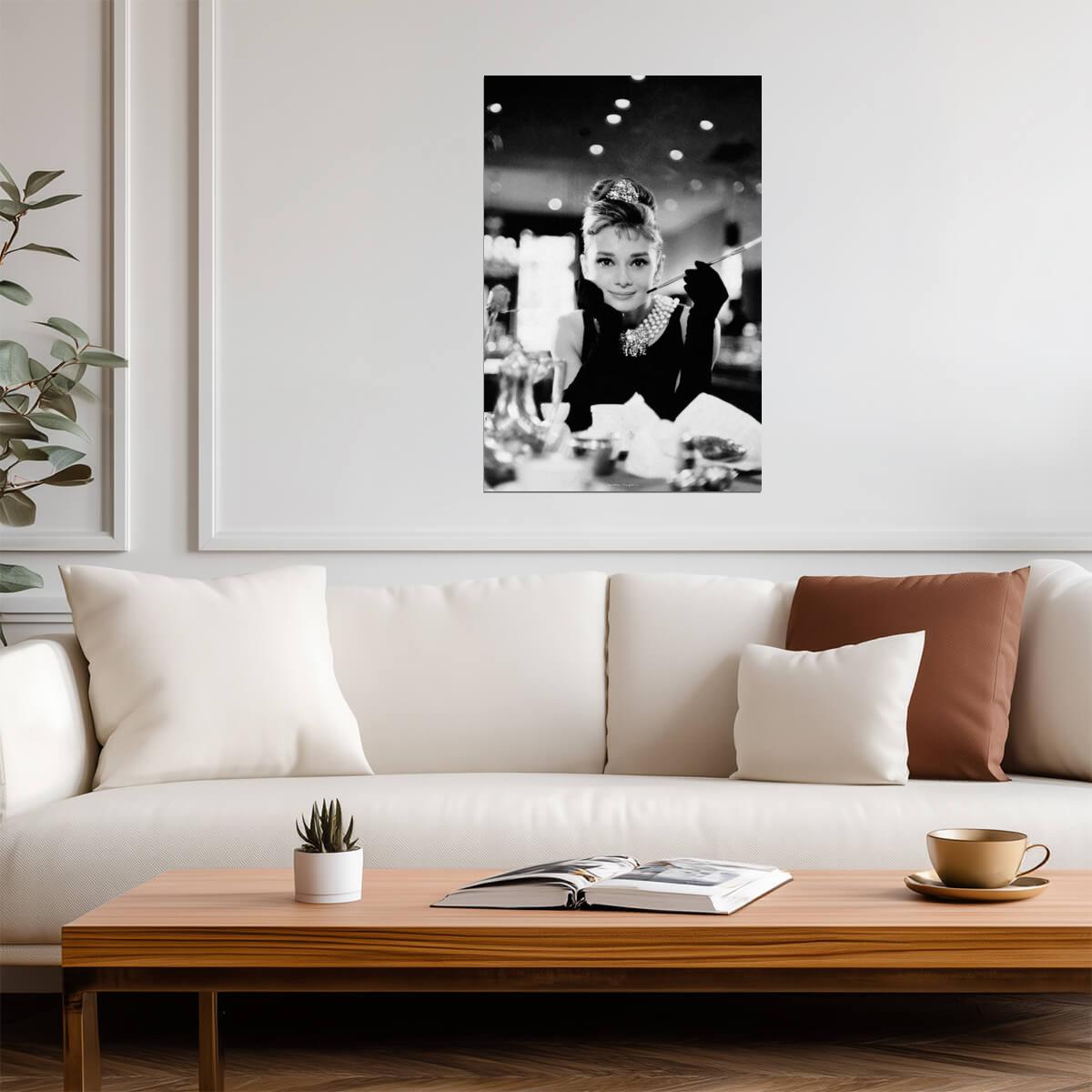Audrey Hepburn at Breakfast at Tiffany's | Classic Vintage Fashion Poster | Black and White Photography