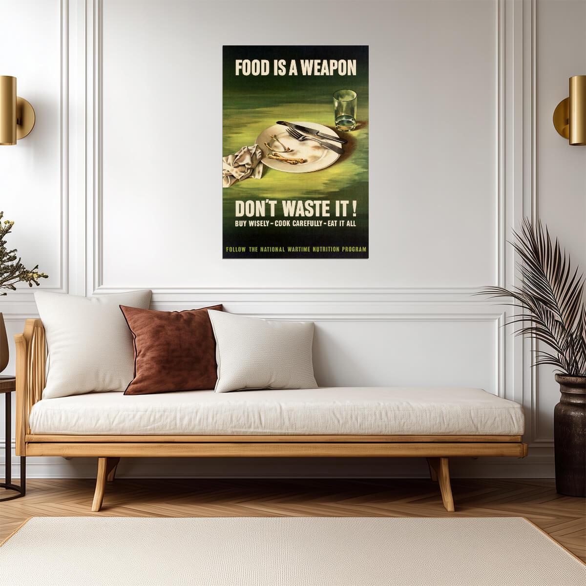 "Food Is A Weapon Don't Waste It" | WWII Propaganda Poster | Vintage Food Conservation Art - Vintage & Retro Poster