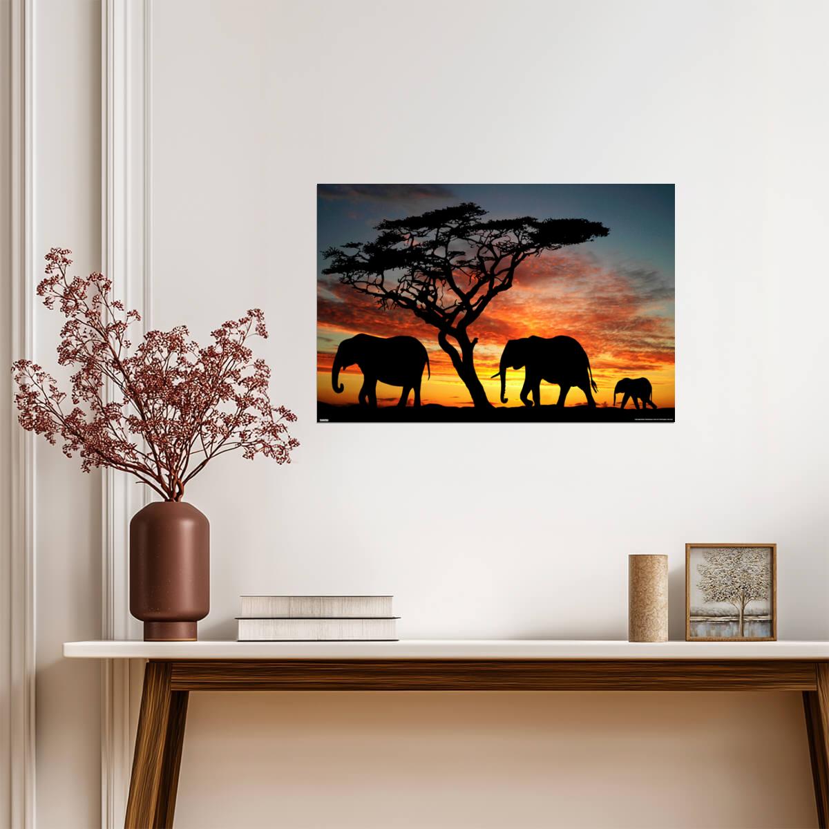 Elephants at an African Sunset | Wildlife Photography Print | Safari Wall Art Poster - Photography Poster