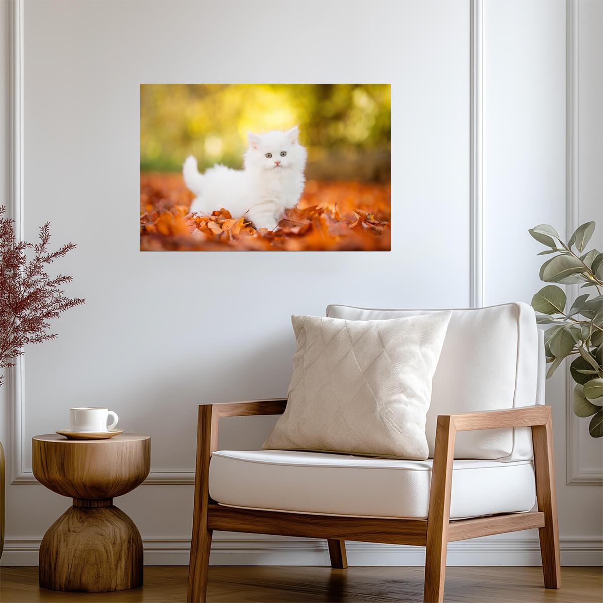 Cute White Kitten Stalking in Autumn Leaves | Pet Photography | Cat Poster - Photography Poster