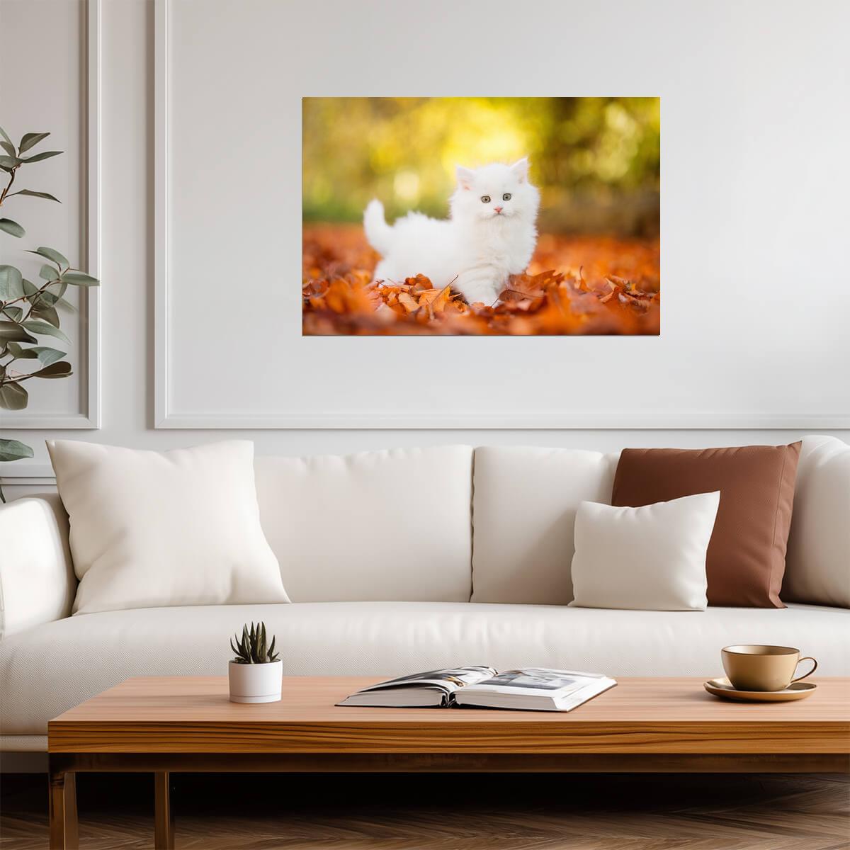 Cute White Kitten Stalking in Autumn Leaves | Pet Photography | Cat Poster - Photography Poster