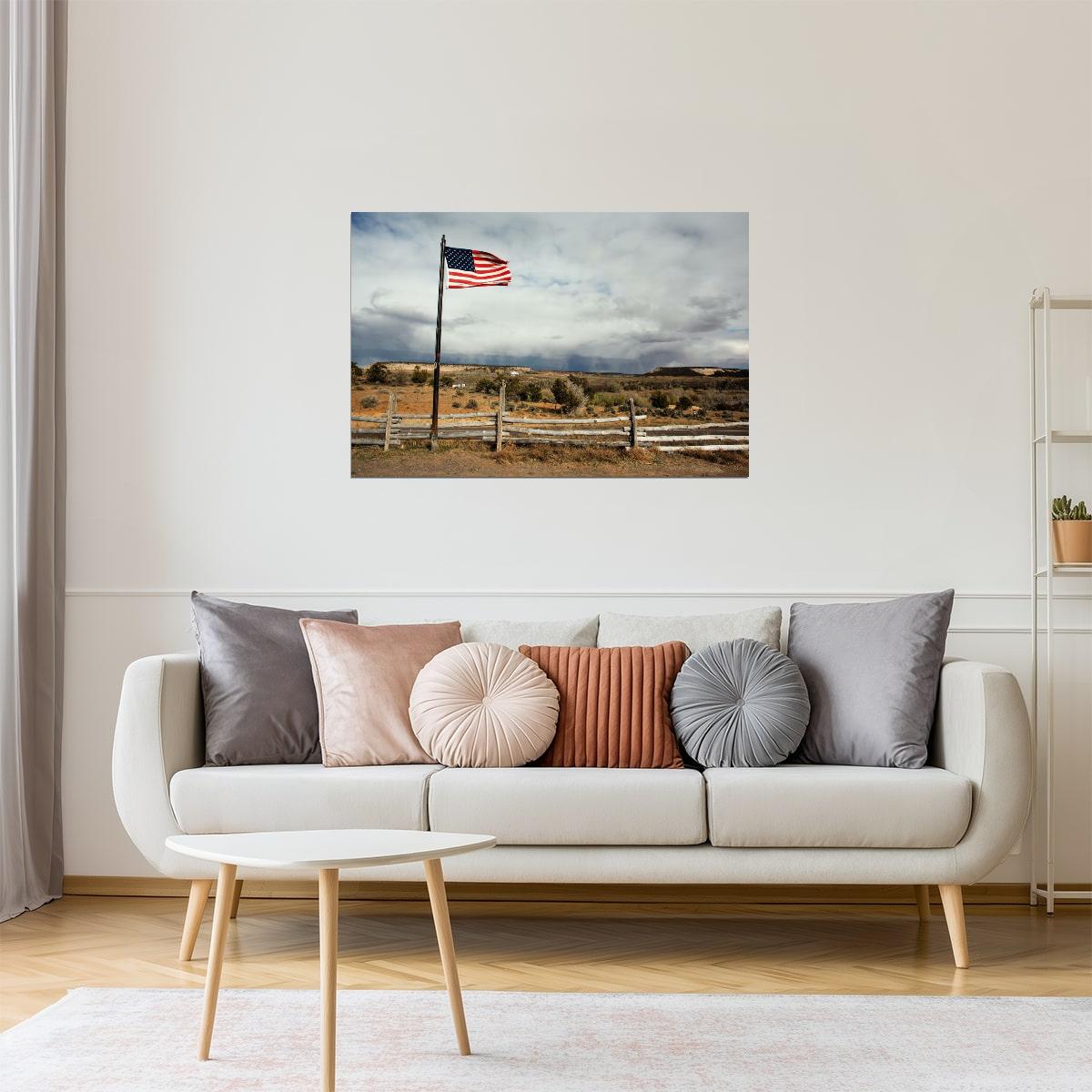 American Flag in Rural Landscape Poster | Americana Photography | Patriotic Wall Art