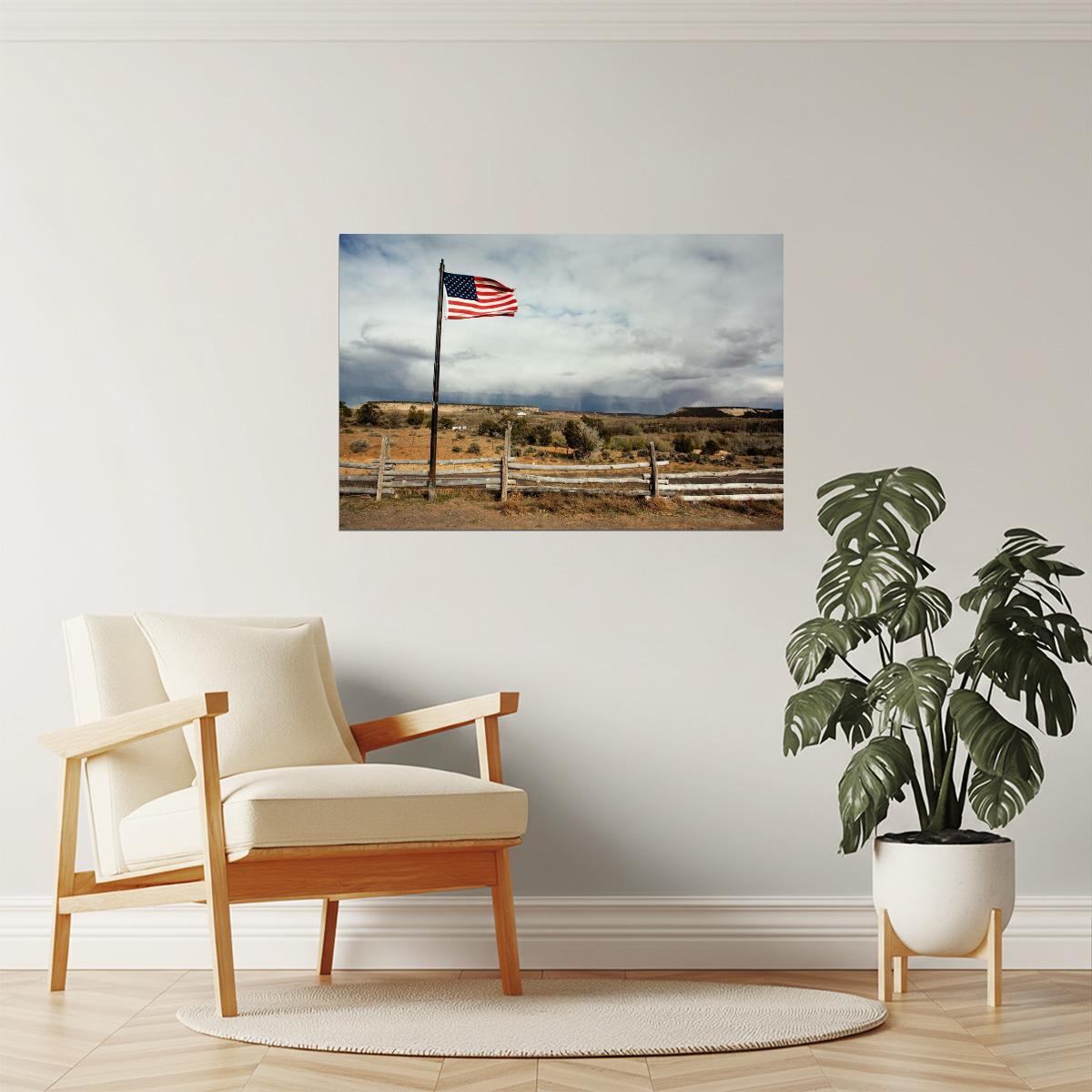 American Flag in Rural Landscape Poster | Americana Photography | Patriotic Wall Art
