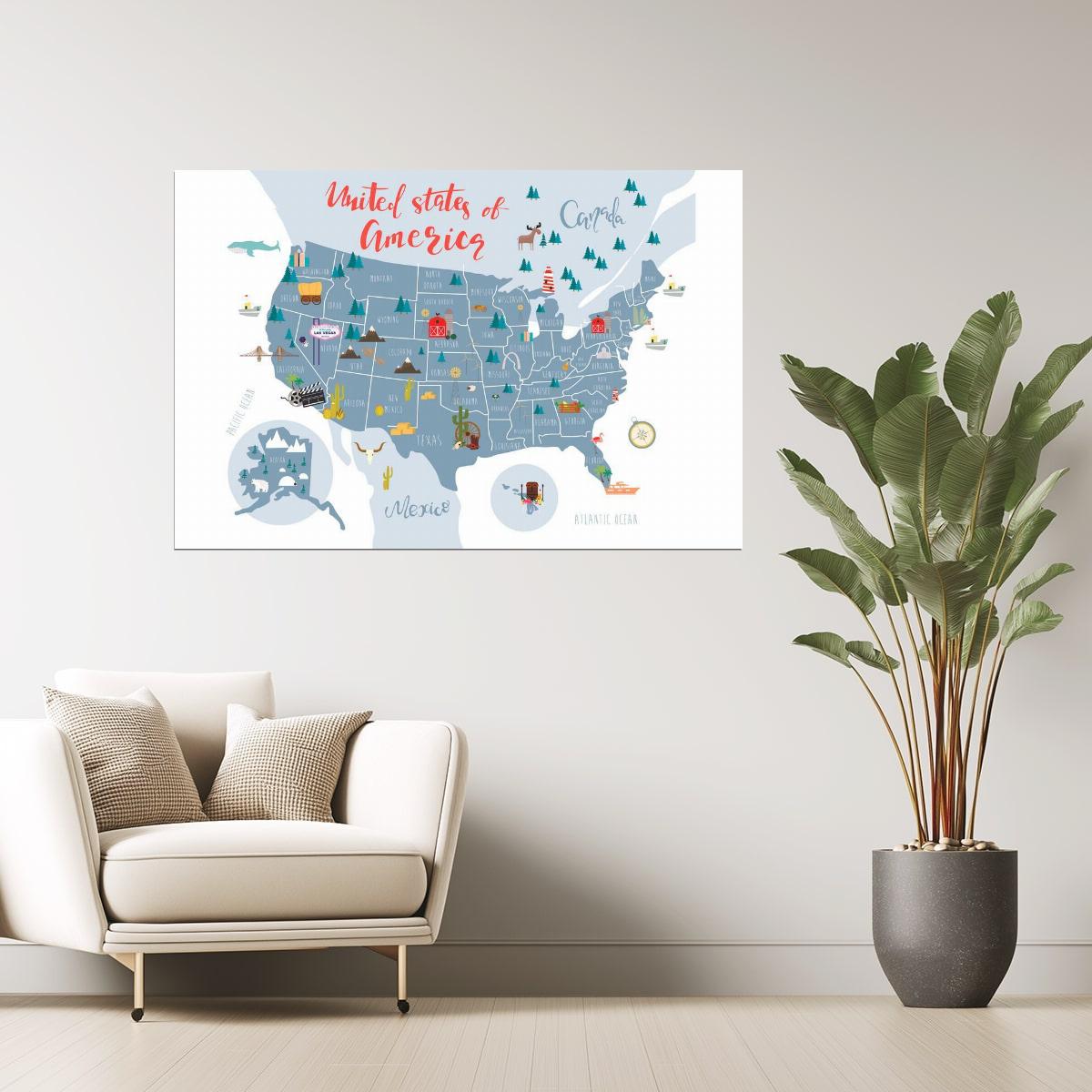 USA Map | United States Map with Illustrated State Symbols Poster