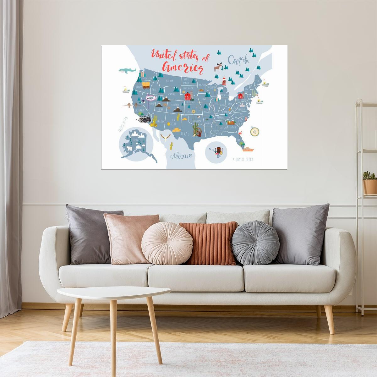 USA Map | United States Map with Illustrated State Symbols Poster